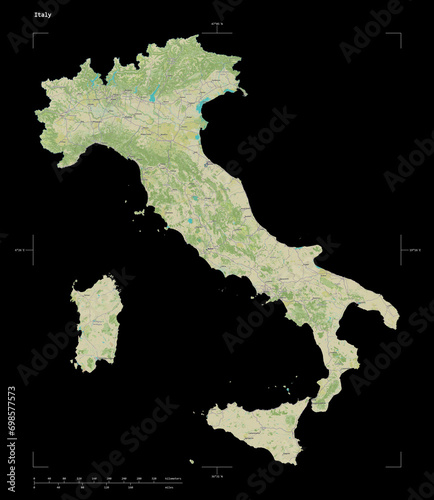 Italy shape on black. Topographic Map