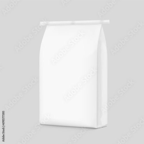 Stitched bottom kraft paper bag mockup for packing industrial, chemical, food, flour, milk powder. Vector illustration isolated on grey background. EPS10.