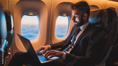Young handsome businessman with notebook sitting inside an airplane. Young Thai businessman using a laptop work on the plane while on a business trip photo