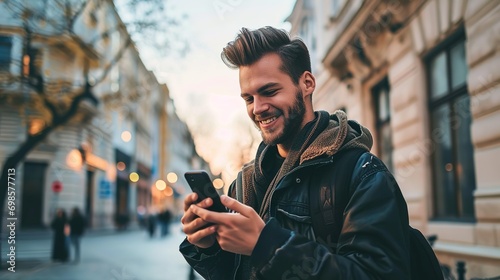 Young handsome man using smartphone in a city. Smiling student men texting on his mobile phone isolated portrait. Modern lifestyle, connection