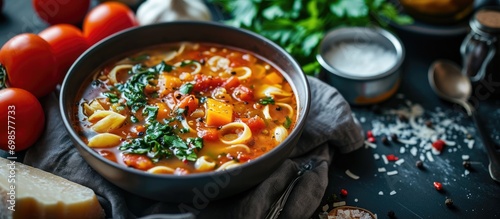 Italian pasta soup with vegetables on a dark table.