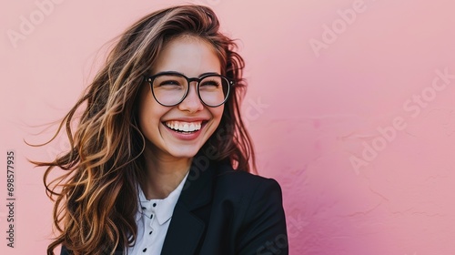 Young happy cheerful professional business woman, happy laughing female office worker wearing glasses looking away at copy space advertising job opportunities or good business services photo