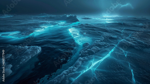 Polar ice caps connected by mysterious, Bioluminescent lines beneath the ocean's surface, AI Generated