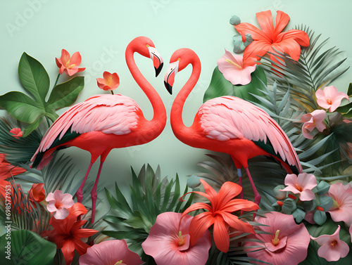Two bright pink flamingos on a background of tropical leaves