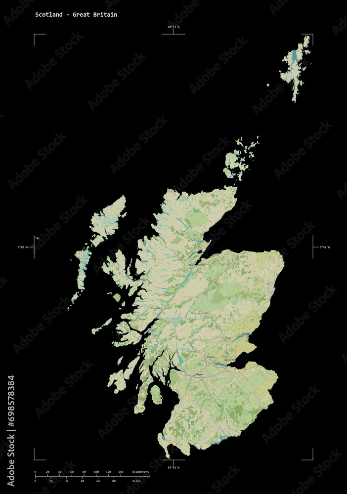 Scotland - Great Britain shape on black. Topographic Map