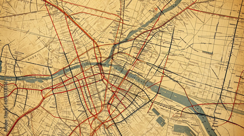 Vintage map of city with bright lines marking subway connections, AI Generated