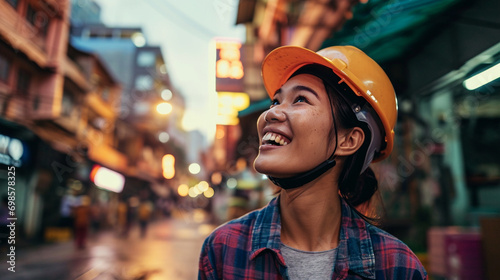 Woman wearing hard hat, Her triumphant smile after successful day at construction site, AI Generated