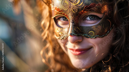 Woman wearing masquerade mask, Her smile adding beauty to her mysterious allure, AI Generated
