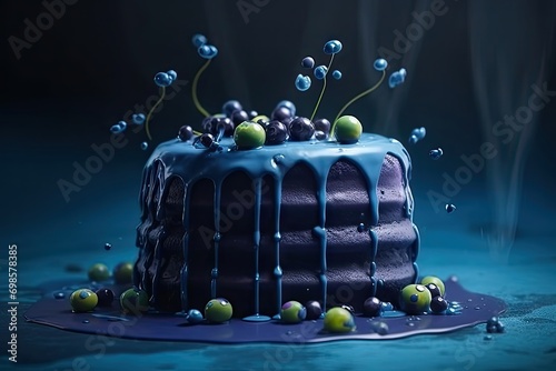 a blue cake blue icing top it middle body water blue drops bottom cake photo