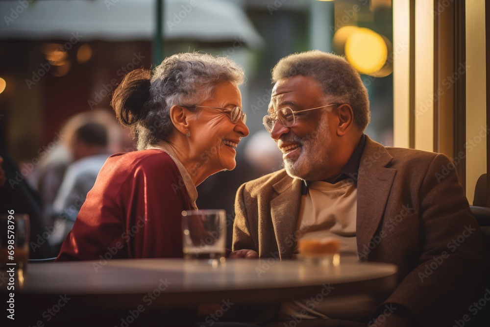 Multinational and Multicultural Elderly Couple in Love. Laughing in a cafe 
