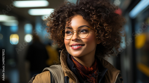  Pretty African American girl smiling in a subway station. Young woman with glasses walking in the city. Happy college student in big city. Background with copy space.