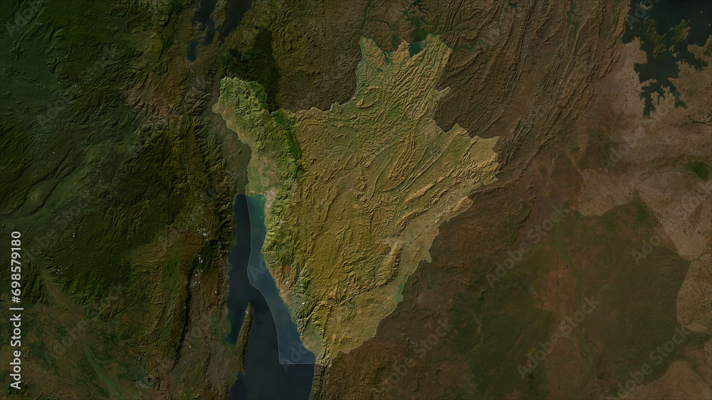 Burundi highlighted. Low-res satellite map