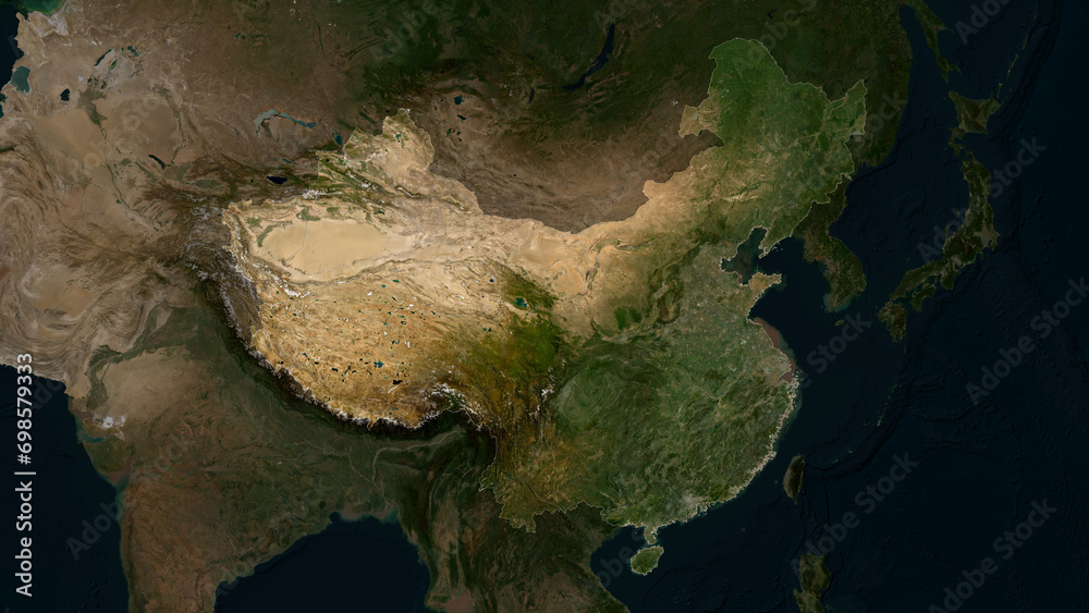 China highlighted. Low-res satellite map