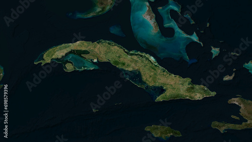 Cuba highlighted. Low-res satellite map