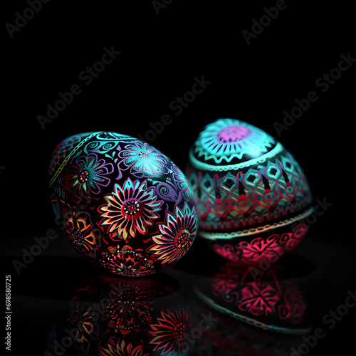 Beautifully mosaik painted glowing illuminated easter eggs isolated on black 