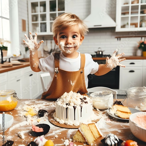 a playful hyperactive cute white toddler boy misbehaving and making a huge mess in a kitchen, throwing around cake and food at a birthday party celebration.
