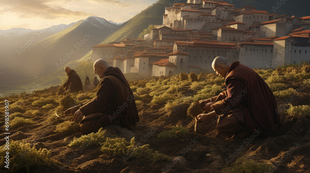 monks plant potatoes in the garden, against the backdrop of the monastery and mountains - obrazy, fototapety, plakaty 