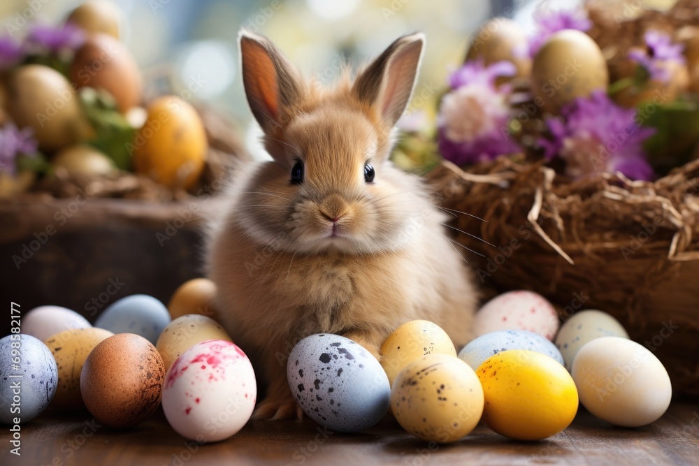 funny Easter Bunny peeking behind a pile of painted decorated or ornate Easter Eggs. ai generated