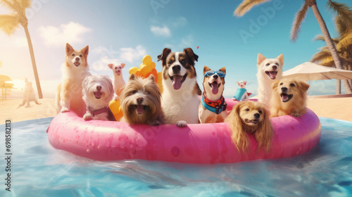 dog party in the pool, many animals on an inflatable ring on the beach © yanapopovaiv