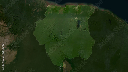 Suriname highlighted. Low-res satellite map