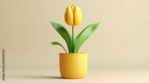 yellow tulip flower growing in a pot, 3D illustration