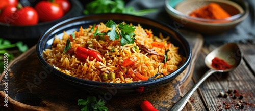 Indian Street Food called Tawa Pulao is prepared with basmati rice, vegetables, and spices, with emphasis on detail. photo