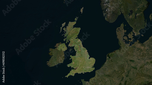 United Kingdom highlighted. Low-res satellite map
