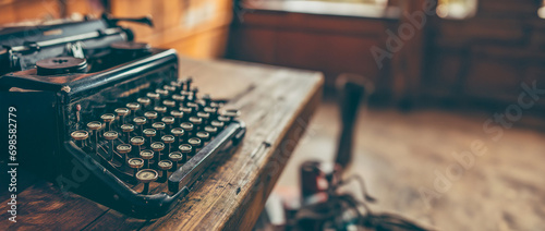 An old typewriter is placed on the left side, a beautiful picture, an interior decoration, a background image