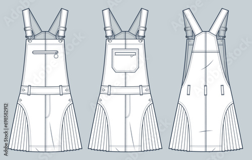  Dungaree Dress technical fashion Illustration. Pleated Mini Dress fashion flat technical drawing template, A-line, button, pocket, relaxed fit, front back view, white, women's Overalls CAD mockup set