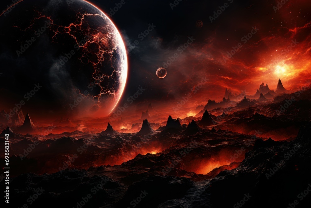 Awe-inspiring Lava planet in space. Alien volcano. Generate Ai