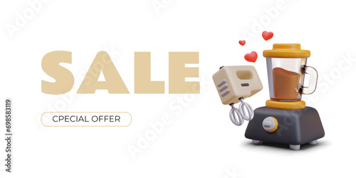 Sale concept, special offer. Realistic blender, mixer, hearts. Template with 3D illustration, landing page button. Advertisement of online store of household appliances