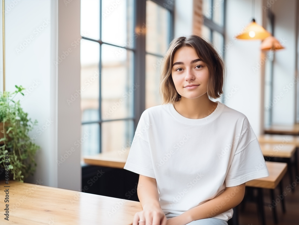Attractive young woman wearing blank empty oversize white t-shirt mockup for design template Attractive young woman wearing blank empty oversize white t-shirt mockup for design template