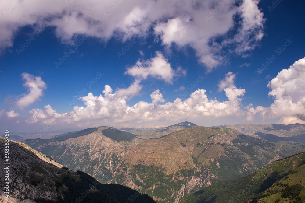 Panoramic view of rugged mountains.