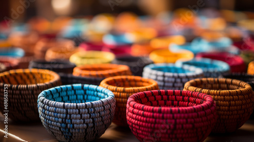 Colorful handmade baskets. Wicker crafts. Sale of colorful baskets in a regional products store. photo