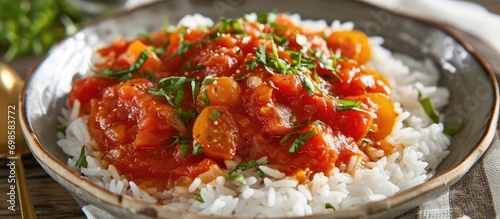 Rice topped with Turkish tomato stew photo