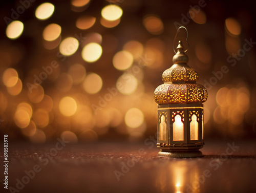 Ramadan lanterns with night bokeh light background, ramadan kareem background wallpaper, Generative AI