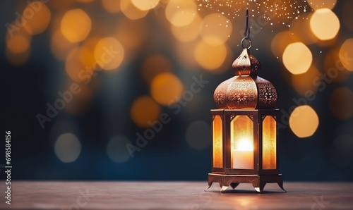 Ramadan lanterns with night bokeh light background, ramadan kareem background wallpaper, Generative AI photo