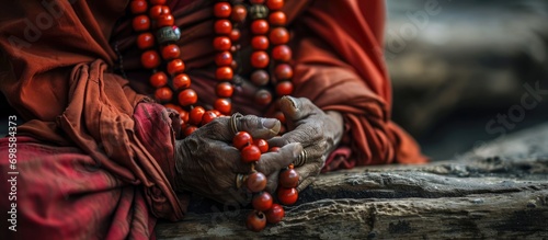 Prayer beads with monk photo