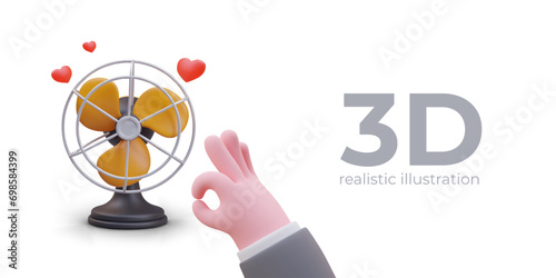 Placard with realistic model of portable fan. Modern climate device. Device for cooling air in hot room. Home appliance concept. Vector illustration in 3d style with place for text