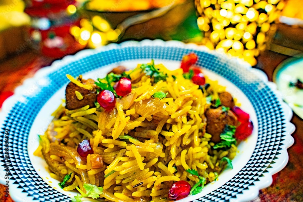 Flavorful Chana Pulao made with Basmati Rice, Soya Chunks, pomegranate