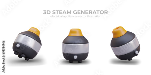 Composition with realistic steam generator in different positions. Steam generator in black and gray colors. Vector illustration in 3d style with place for text and white background