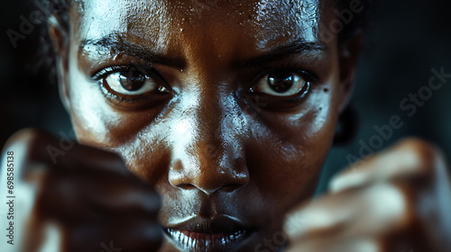 Close up on a black african woman face with confident eyes and fist up. Concept of  woman empowerment, black history month and women's day photo