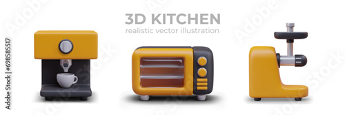 Set of realistic kitchen appliances. Coffee machine, microwave, juicer. Modern electrical appliances for cooking food and drinks. Vector isolated objects on white background