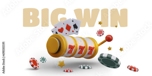 Big win vector banner. 3D slot machine, playing cards, poker chips, stars. Advertising layout with text. Invitation to event in casino. Winning gambling game