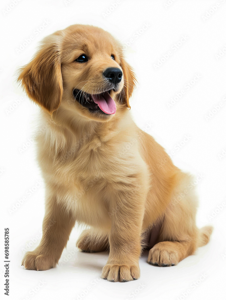 golden retriever puppy happy sitting on white background