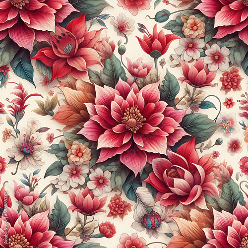 Red Color Flower Seamless Pattern Tile Texture Background Wallpaper In Original Art Style