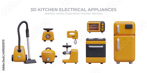 Kitchen electrical appliance collection. Realistic refrigerator, gas and electric oven, juicer, and mixer for food preparation, weights in yellow color, slow cooker and vacuum cleaner. 3d vector