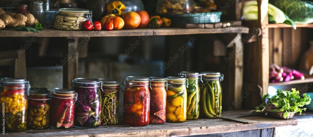 Pickled veggies in jars on wooden shelves.