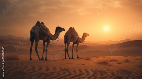 Camel walking in the desert on sunset background. AI generated.