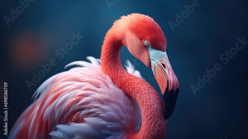 Close-up photo of a pink flamingo. AI generated.